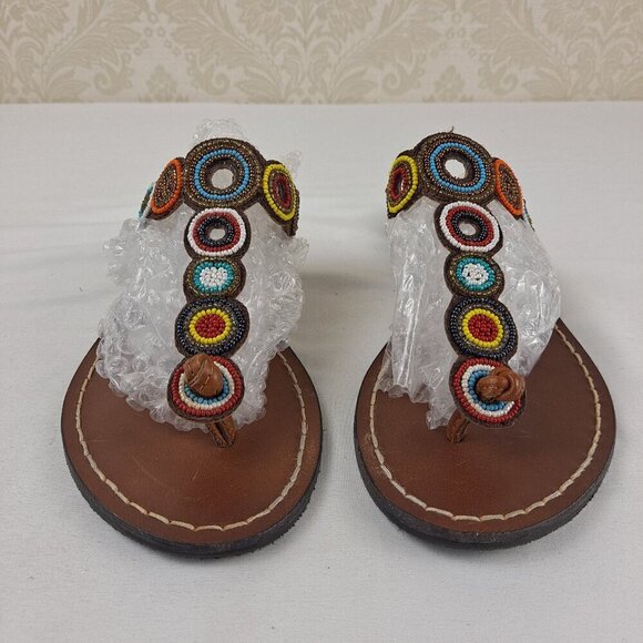 MIA Size 8 Brown Leather Sandals Colorful Seed Bead Circle Design - Picture 1 of 12